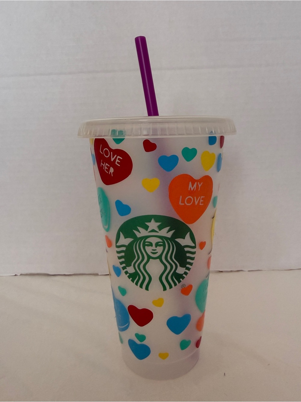 Starbucks Multi-Color Heart Reusable Cold Cup with Purple Straw